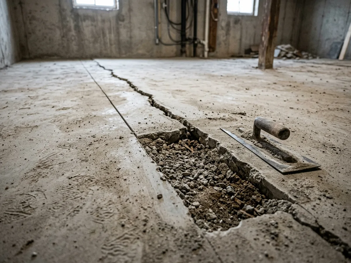 Cracked and heaved basement floor slab with a section cut out down to the gravel base
