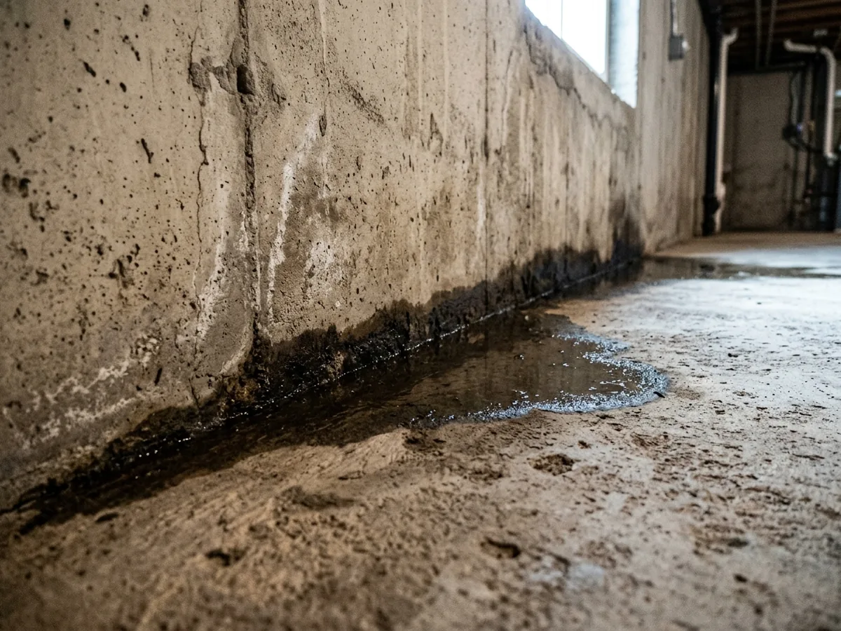 Damp dark line of seepage along the seam where a poured basement wall meets the concrete floor slab