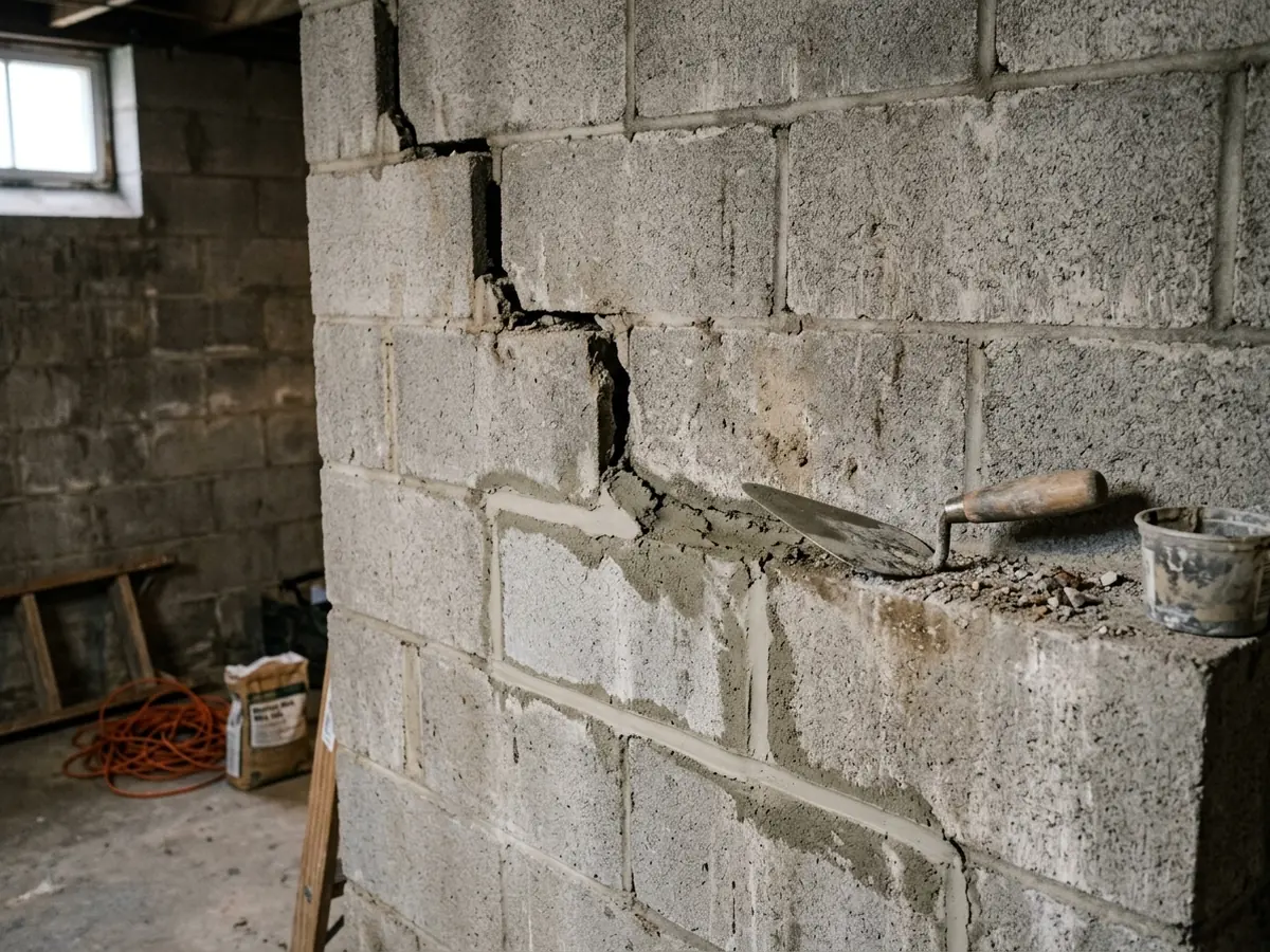 Stair-step crack following the mortar joints of a gray concrete block basement wall, with fresh mortar in the lower joints