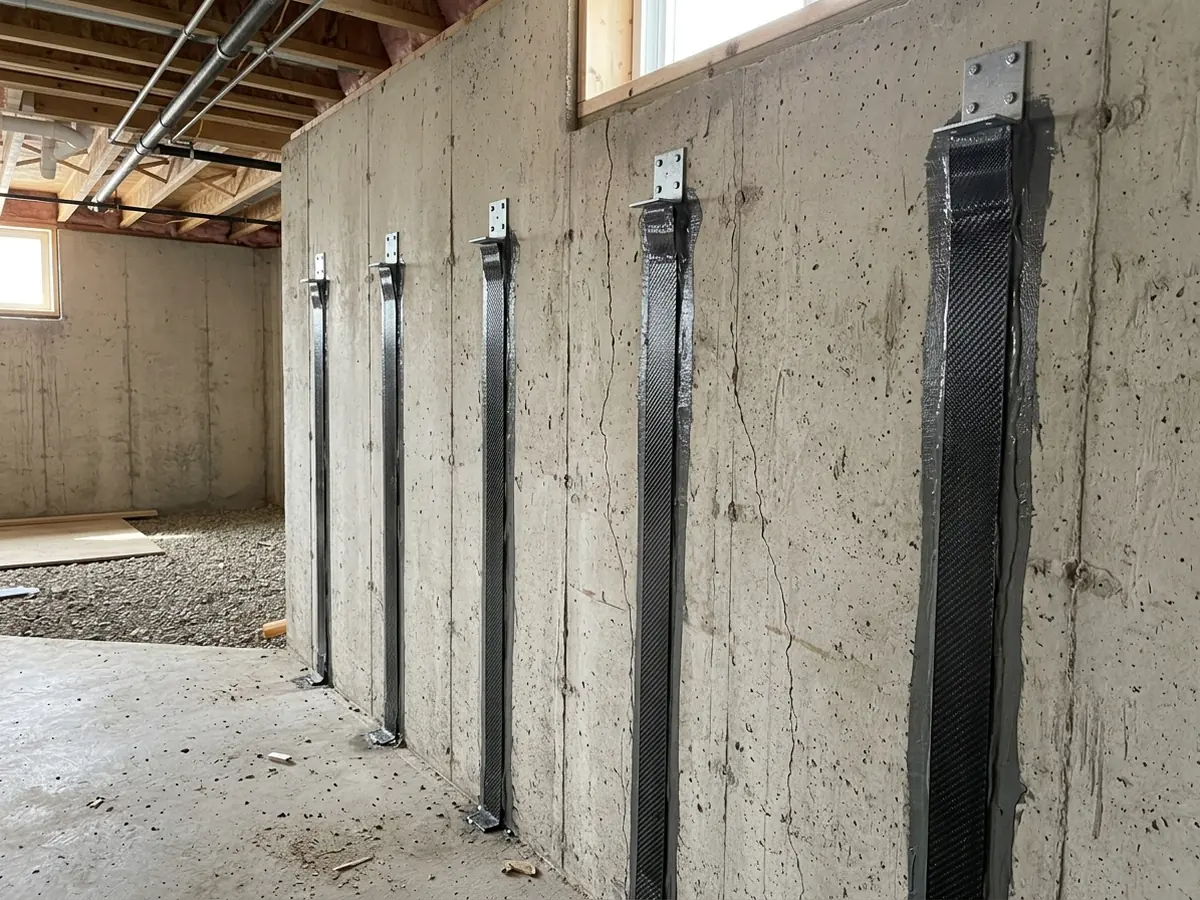 Black carbon fiber straps bonded vertically to a poured concrete basement wall