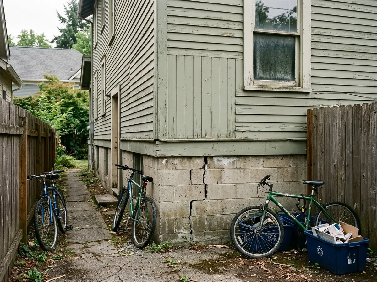 Older two-story rental house with a crack in its block foundation wall at the side yard, with tenants' bikes along the fence