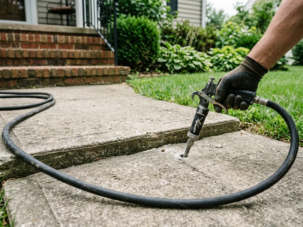 Foam injection gun nozzle in a small drilled hole in a sunken concrete walk slab, next to the higher slab
