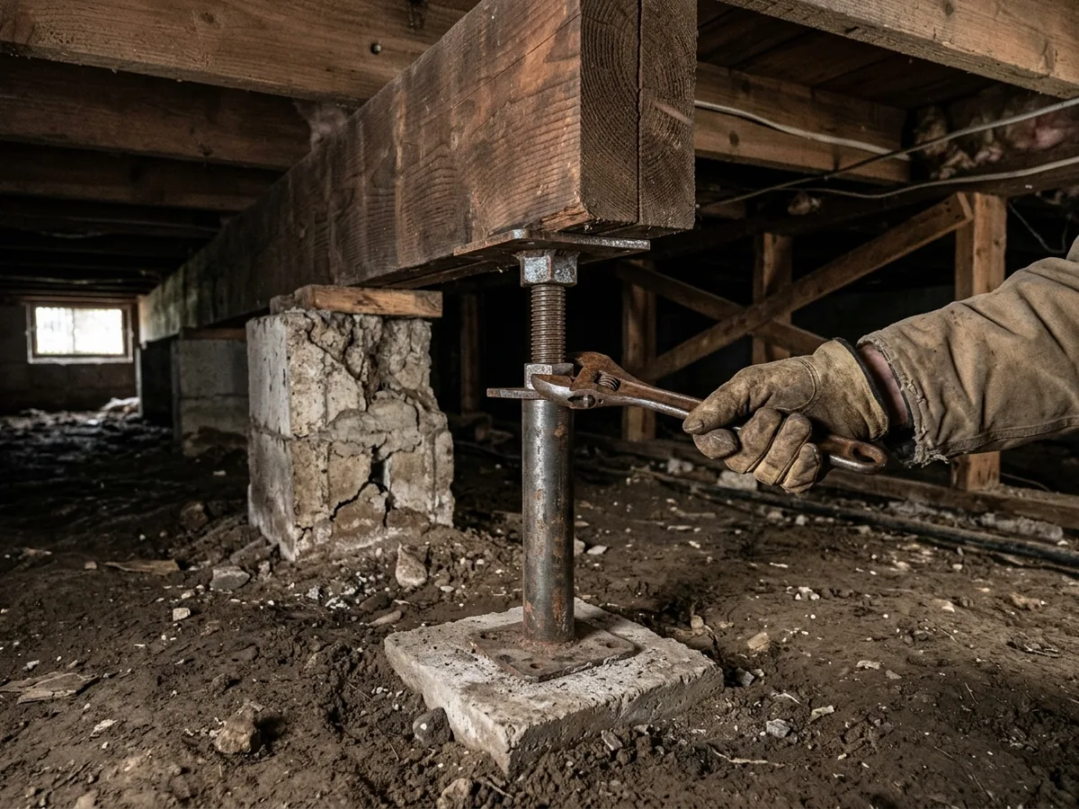 Gloved hand turning the threaded head of a steel crawl space jack under a doubled wood girder
