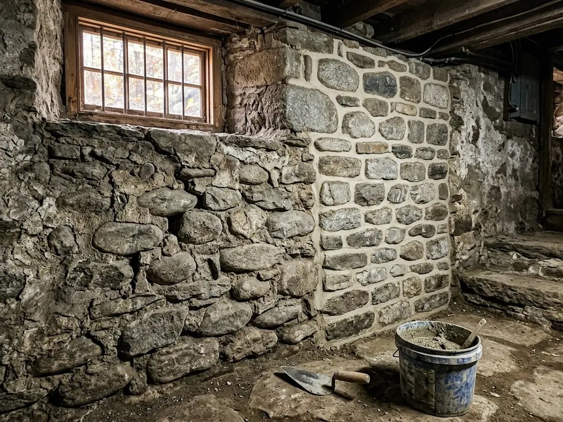 Old fieldstone basement wall being repointed, with a bucket of mortar and a trowel on the floor