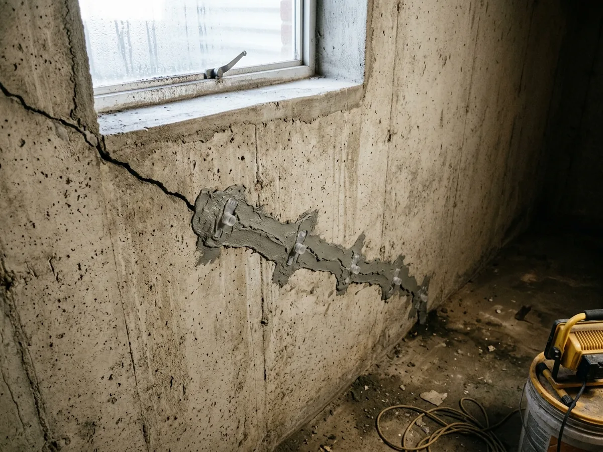 Row of plastic injection ports along a diagonal crack in a poured concrete basement wall, sealed over with gray epoxy paste