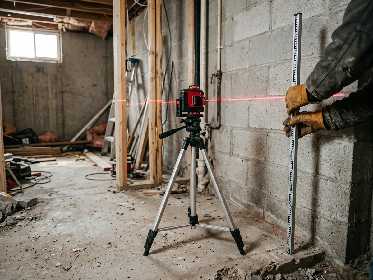 Laser level on a tripod in a basement projecting a red line along a block wall, a measuring rod held against the floor