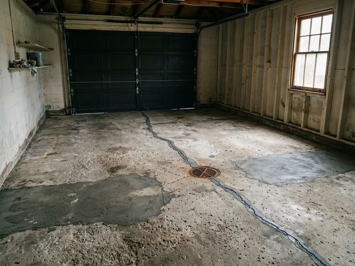 Two-car garage concrete floor with a long crack sealed with gray filler and patched spalled areas near the drain