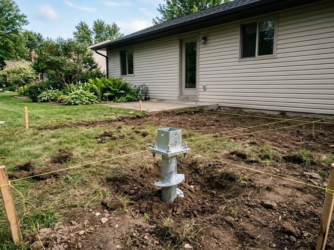 Galvanized helical pile with a square post bracket on top beside a house, ready for a wood deck post