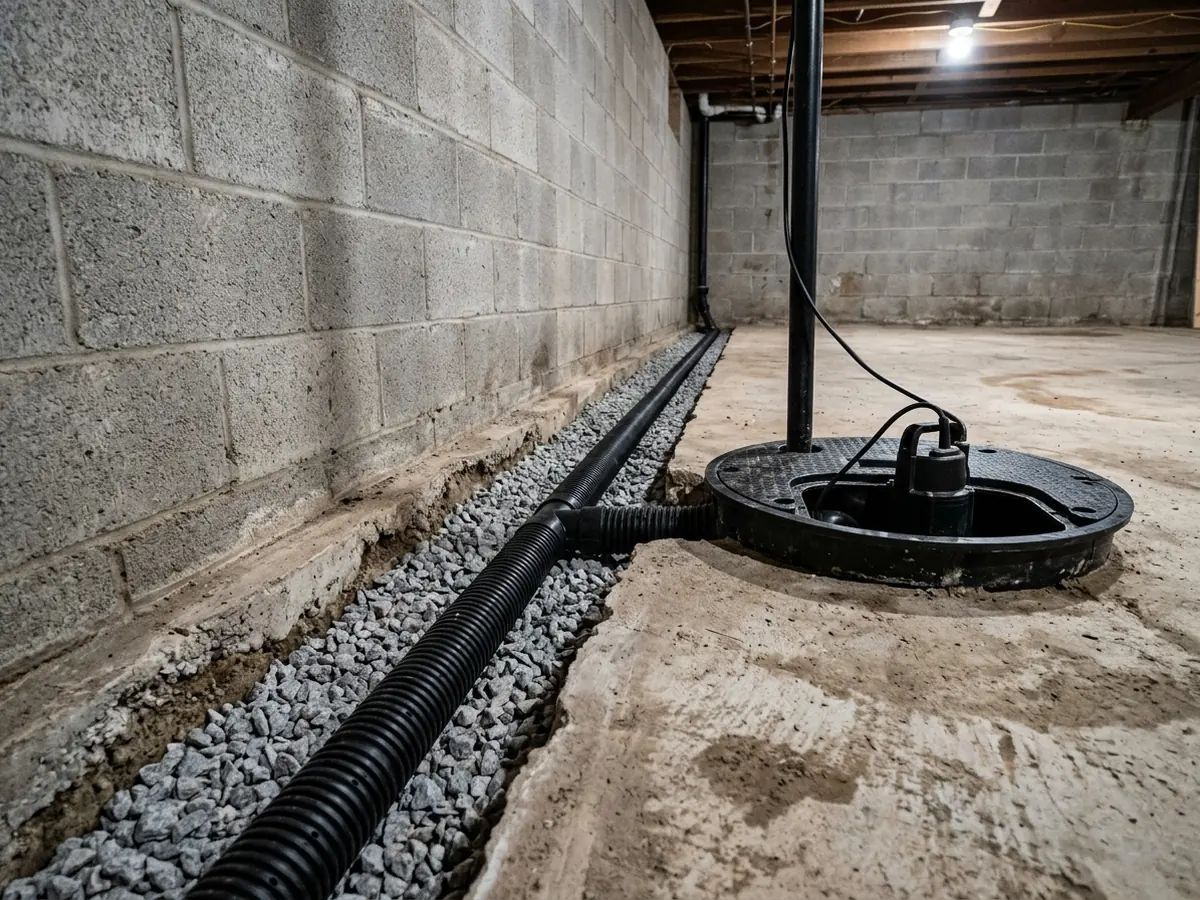 Interior drain tile in a gravel trench along a block basement wall leading to a sump pit
