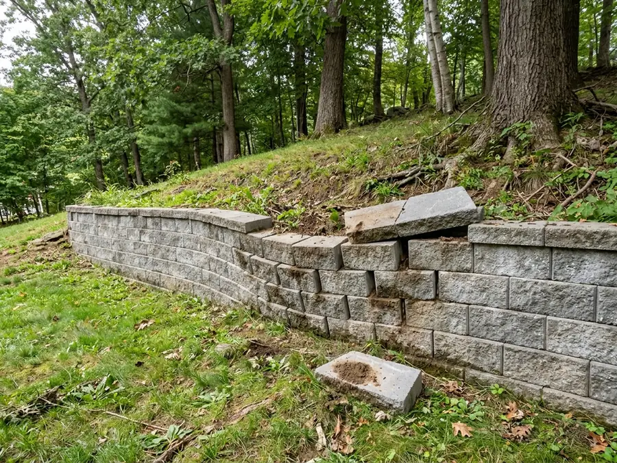 Segmental concrete block retaining wall bulging outward in the middle with a few blocks pushed out of line