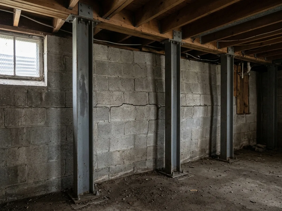 Steel I-beam braces standing against a bowing concrete block basement wall with a horizontal crack